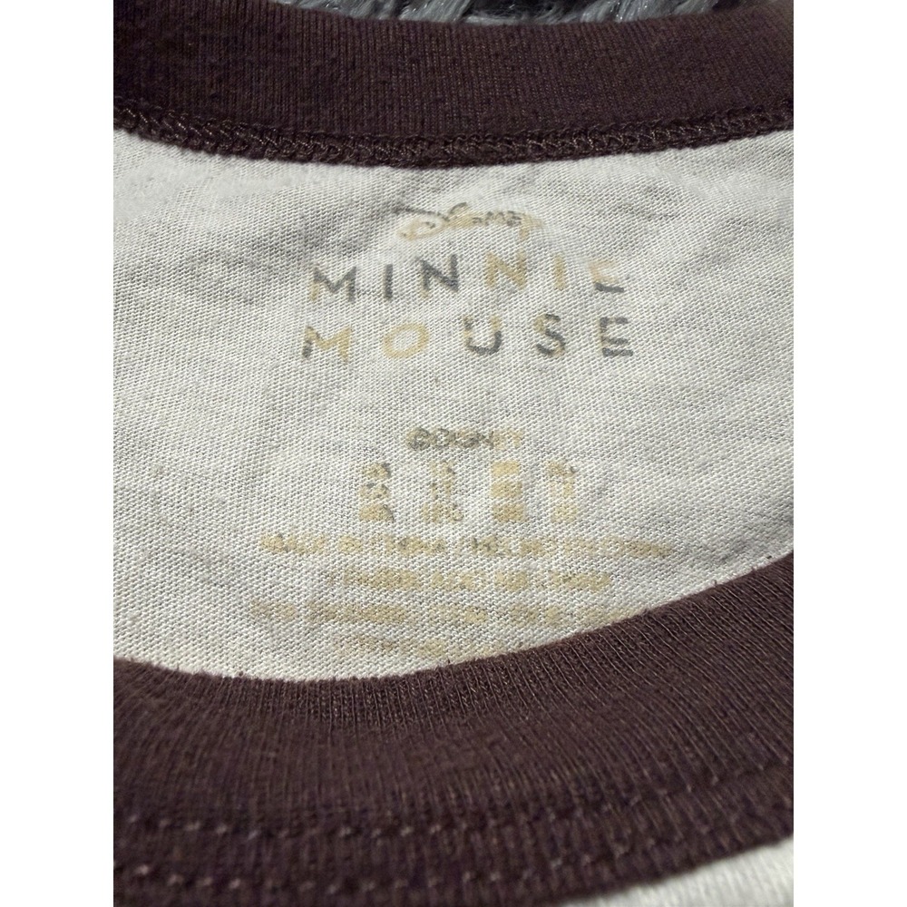 Disney Minnie Mouse Ringer T-Shirt Cream Brown Distressed Graphic Crop Top - Picture 4 of 6